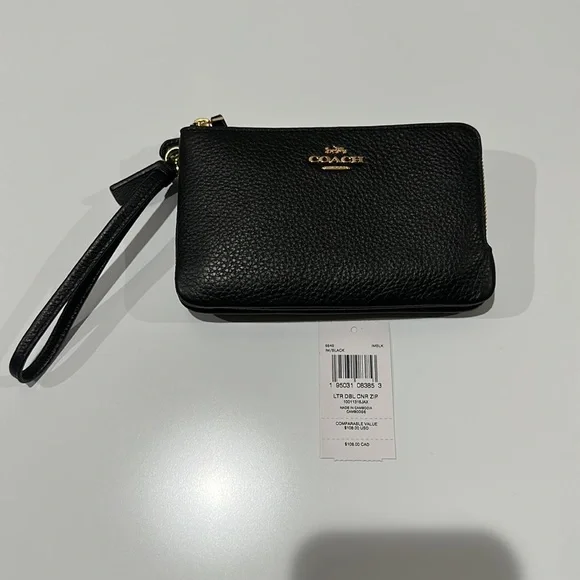 🌸NEW COACH Double Corner Zip Wristlet Black/Gold With Tags. - Picture 7 of 14